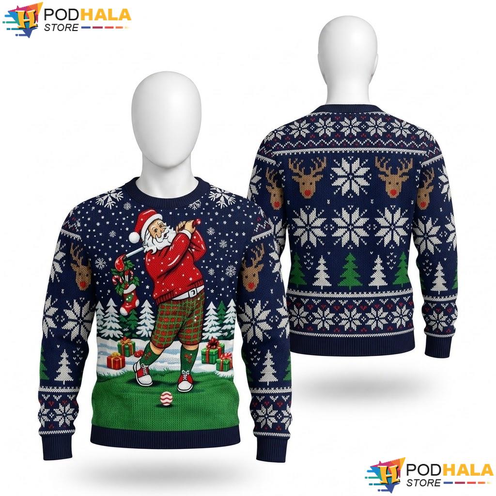 Santa Golfer Vibrant Ugly Xmas Sweater Funny Holiday Mens Outfit Top