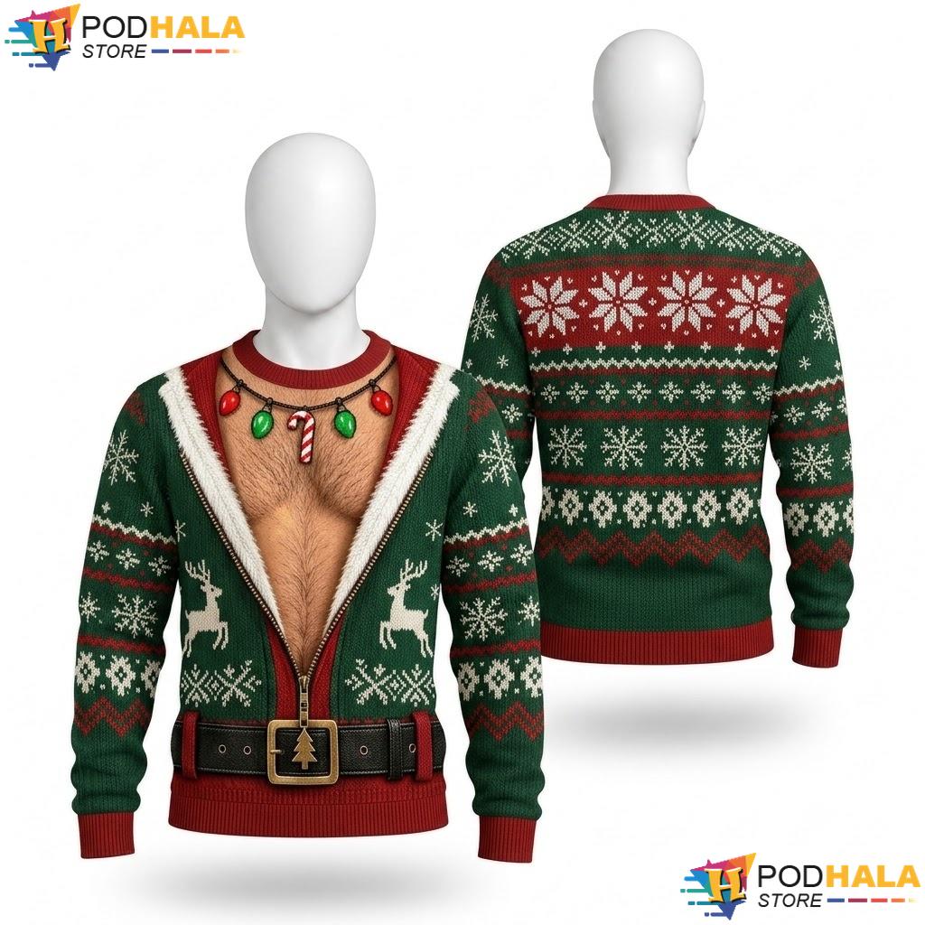 Santa Green Chest Ugly Christmas Sweater Funny Hairy Mens Outfit Top