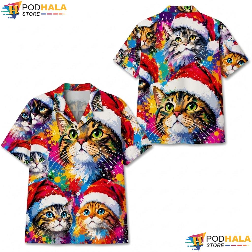 Santa Hat Cat Christmas Hawaiian Shirt Festive Holiday Mens Button Up