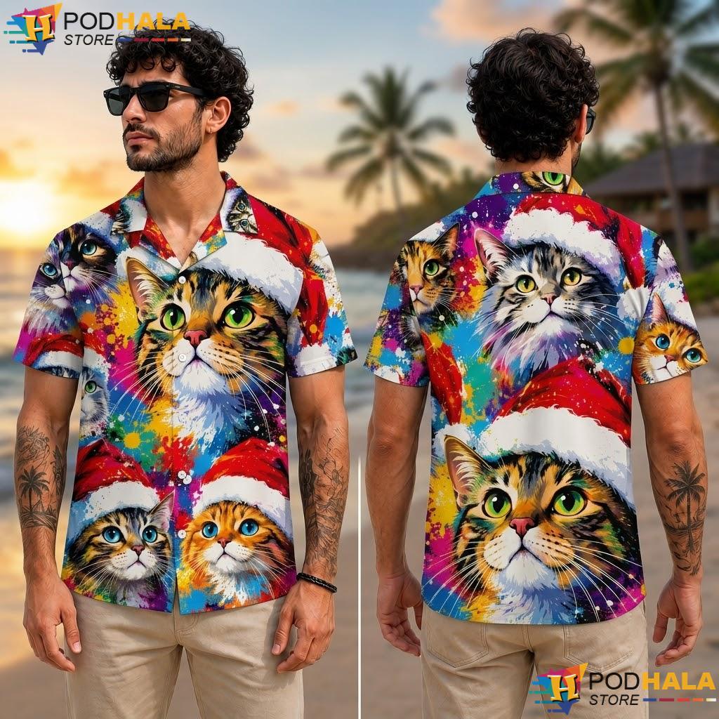 Santa Hat Cat Christmas Aloha Shirt Festive Holiday Mens Button Up Santa Hat Cat Christmas Aloha Shirt Festive Holiday Mens Button Up