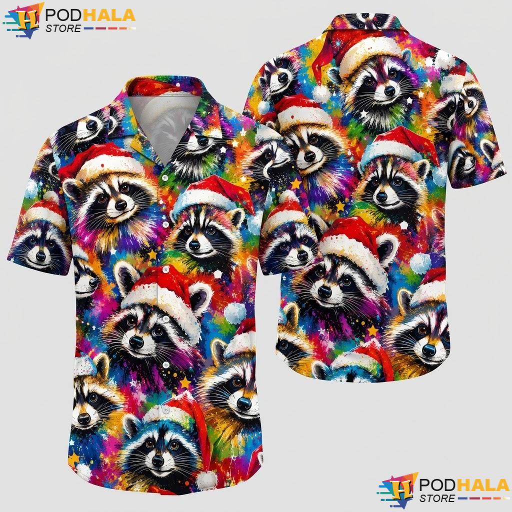 Santa Hat Raccoon Hawaiian Shirt Vibrant Festive Christmas Mens Apparel