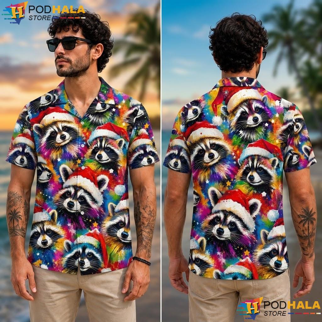 Santa Hat Raccoon Aloha Shirt Vibrant Festive Christmas Mens Apparel Santa Hat Raccoon Aloha Shirt Vibrant Festive Christmas Mens Apparel