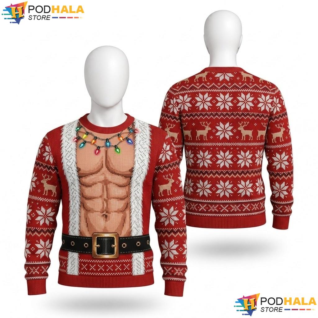 Santa Lights Red Ugly Xmas Sweater Playful Funny Holiday Mens Outfit