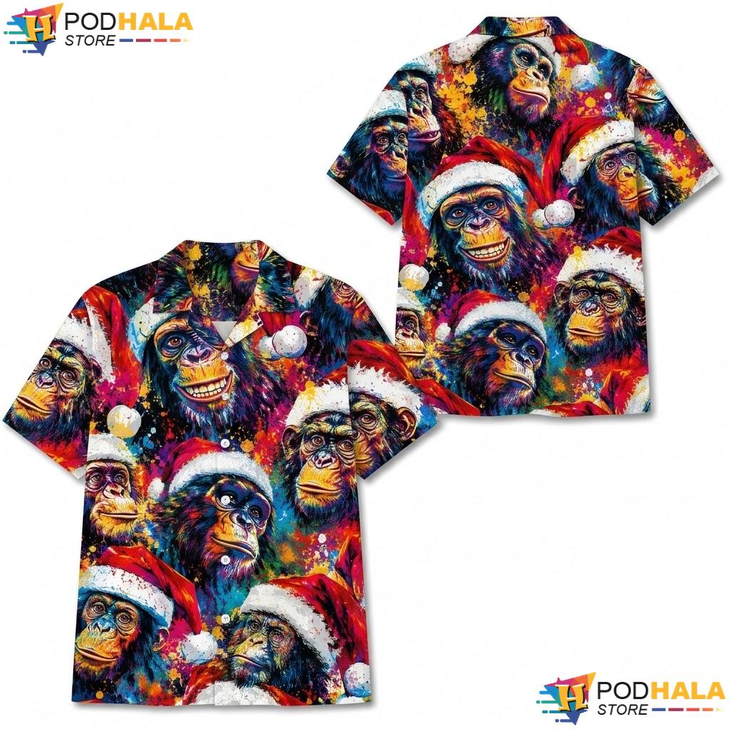 Santa Monkey Hawaiian Shirt Colorful Festive Mens Holiday Button Down