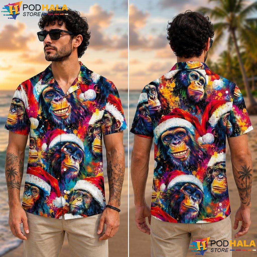 Santa Monkey Aloha Shirt Colorful Festive Mens Holiday Button Down Santa Monkey Aloha Shirt Colorful Festive Mens Holiday Button Down
