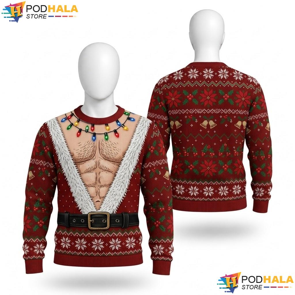 Santa Muscles Funny Ugly Christmas Sweater Playful Mens Graphic Top