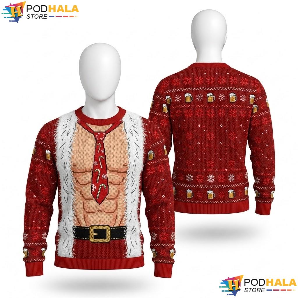 Santa Muscles Funny Ugly Xmas Sweater Playful Holiday Mens Pullover