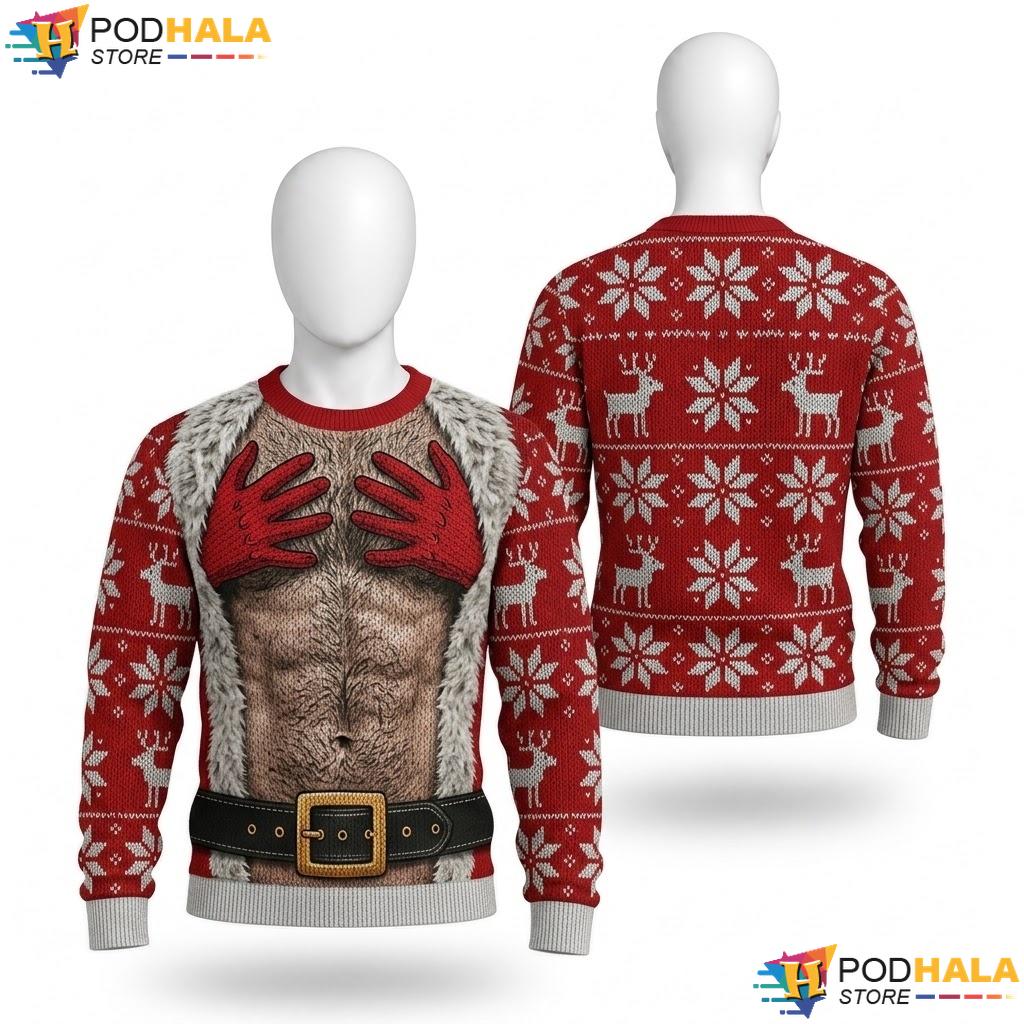 Santa Muscles Gloves Ugly Xmas Sweater Quirky Faux Fur Funny Pullover