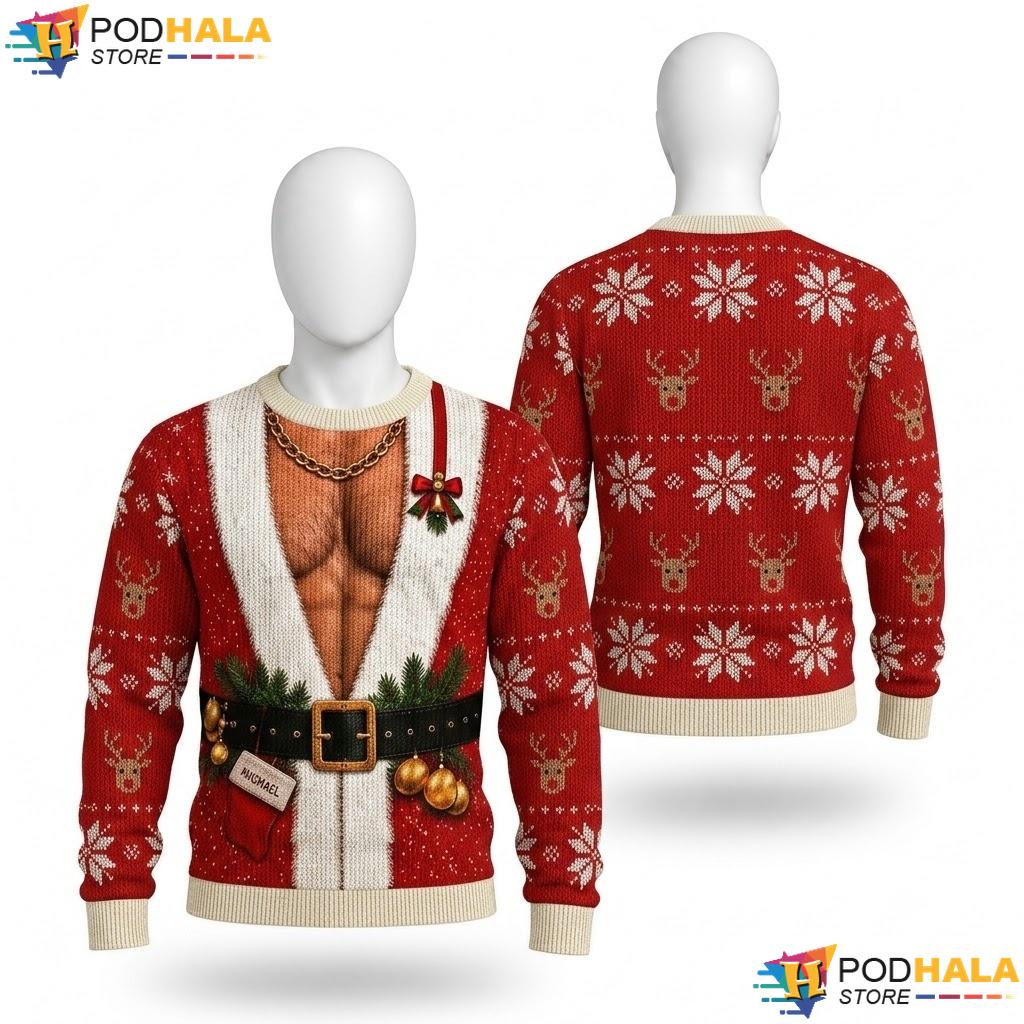 Santa Muscles Reindeer Ugly Sweater Funny Red Christmas Snowflake Top
