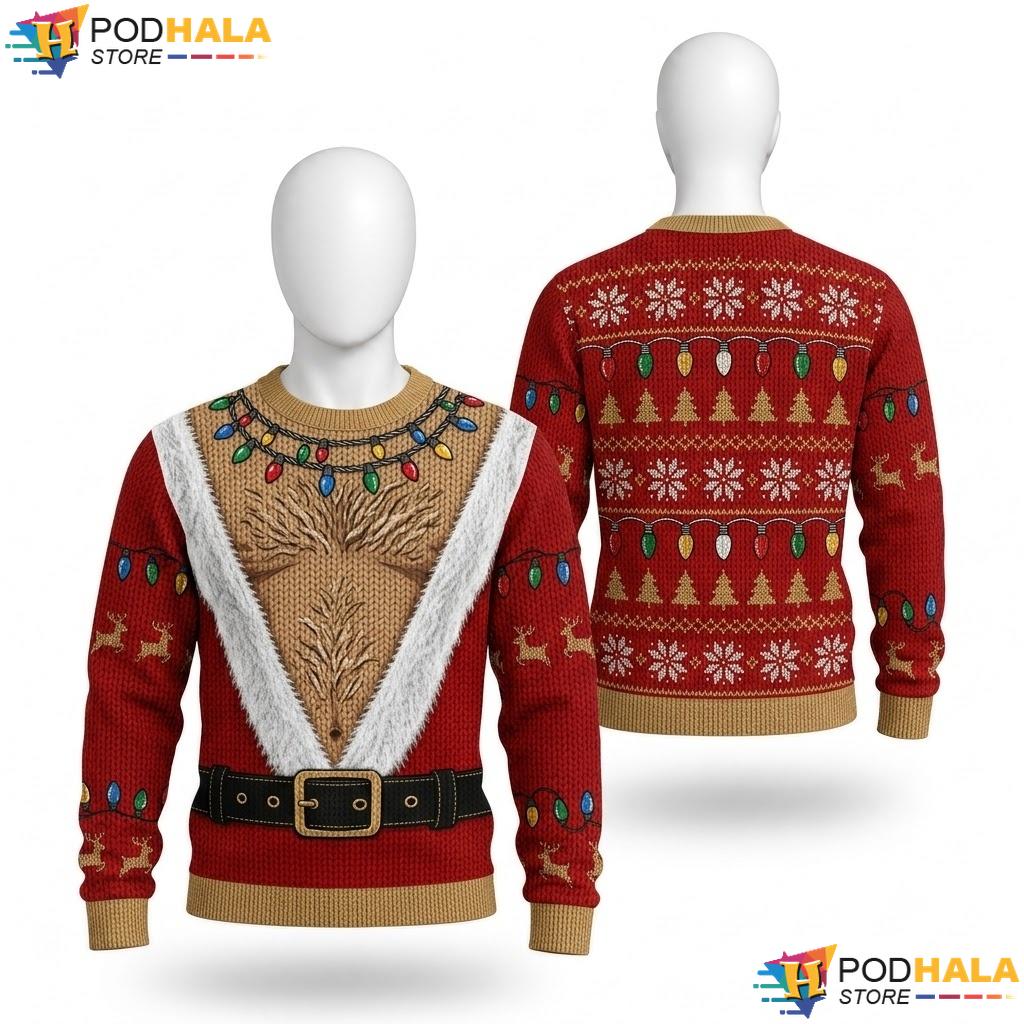 Santa Outfit Hairy Chest Ugly Christmas Sweater Humorous Red Xmas Top