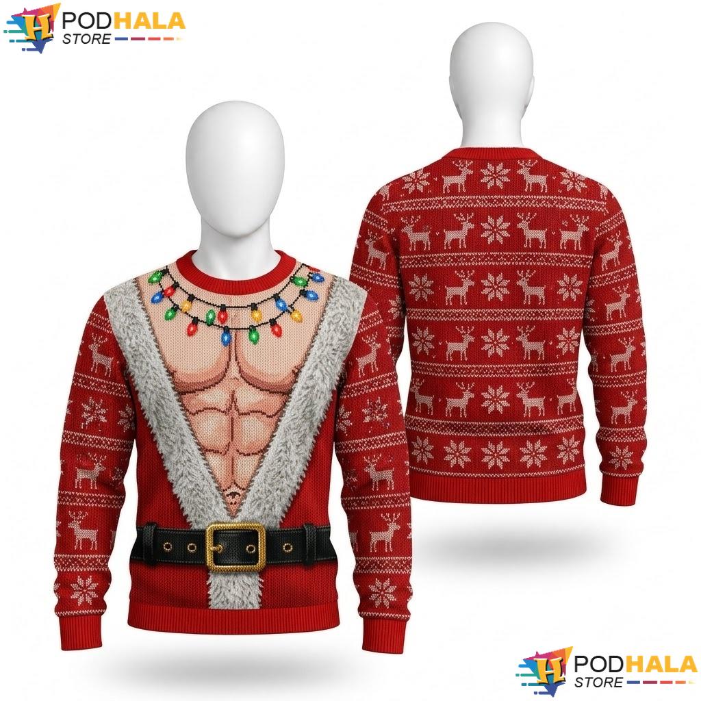 Santa Outfit Lights Ugly Christmas Sweater Playful Reindeer Funny Knit