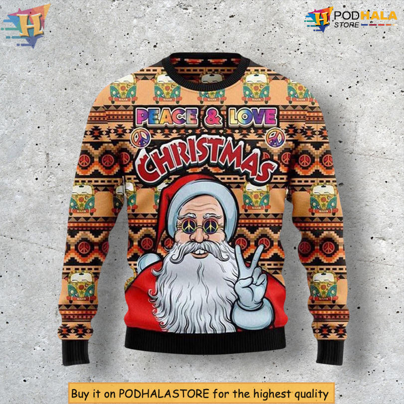 Santa Peace Love Cheerful Quote Festive Winter Holiday Christmas Sweater Santa Peace Love Cheerful Quote Festive Winter Holiday Christmas Sweater