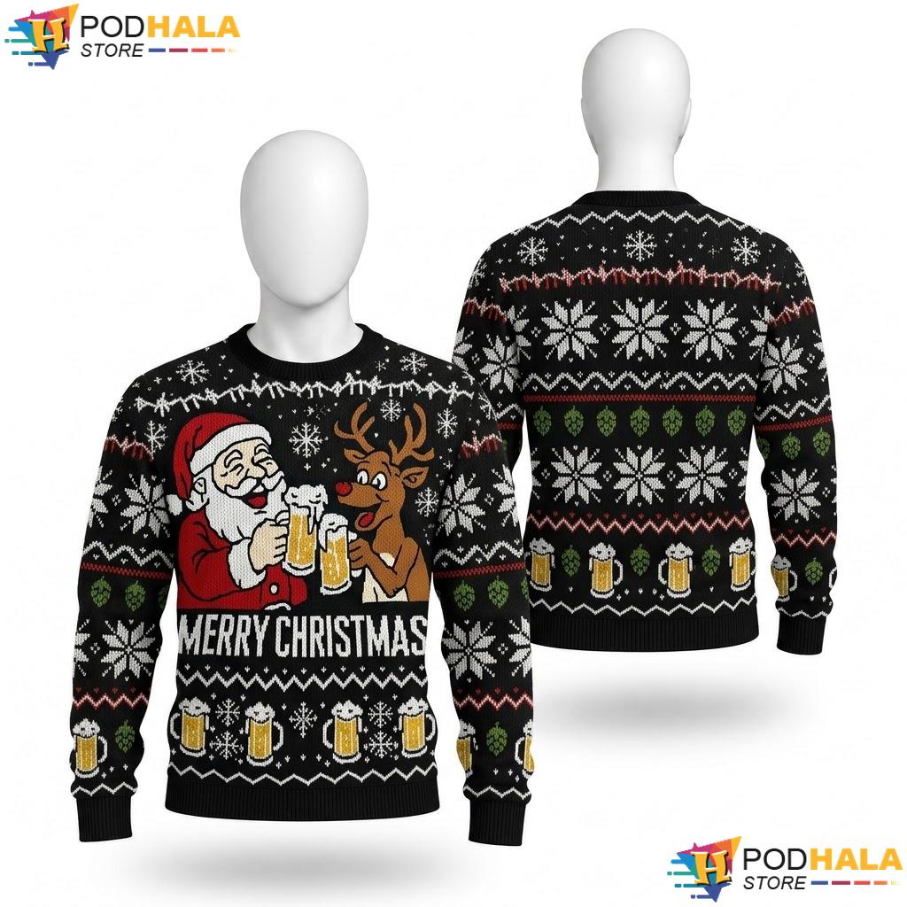Santa Reindeer Humorous Merry Sweater Funny Christmas Pullover Mens Top