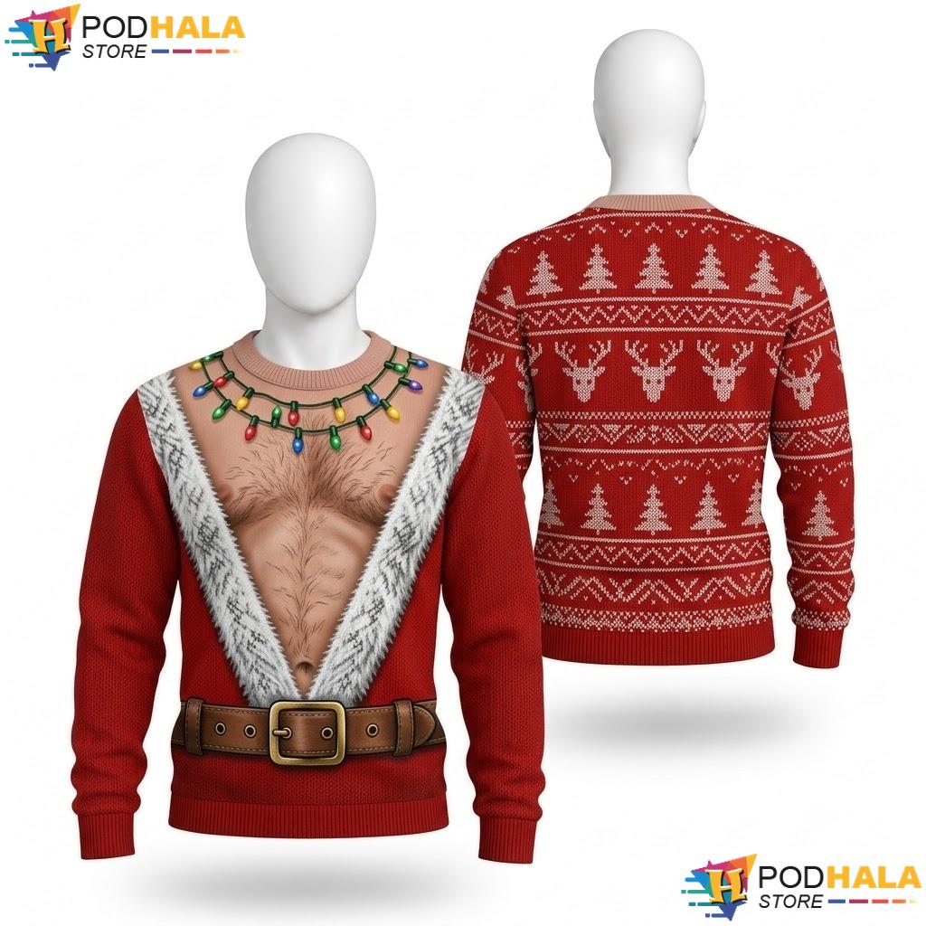 Santa Reindeer Lights Ugly Xmas Sweater Funny Hairy Chest Holiday Knit