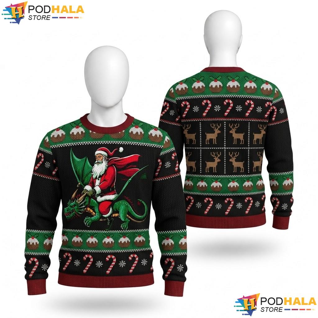 Santa Riding Dragon Ugly Christmas Sweater Funny Festive Mens Top