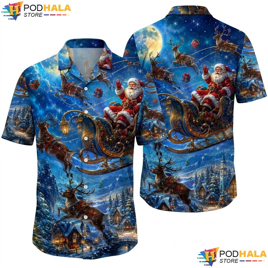 Santa Sleigh Reindeer Hawaiian Shirt Festive Christmas Celebration Top