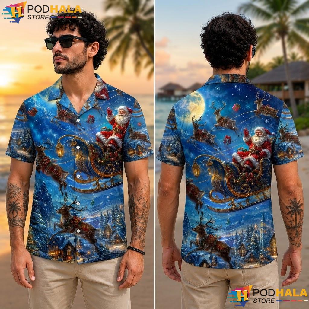 Santa Sleigh Reindeer Aloha Shirt Festive Christmas Celebration Top Santa Sleigh Reindeer Aloha Shirt Festive Christmas Celebration Top