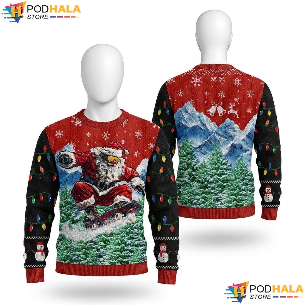 Santa Snowboarding Funny Xmas Sweater Cool Holiday Mens Graphic Knit