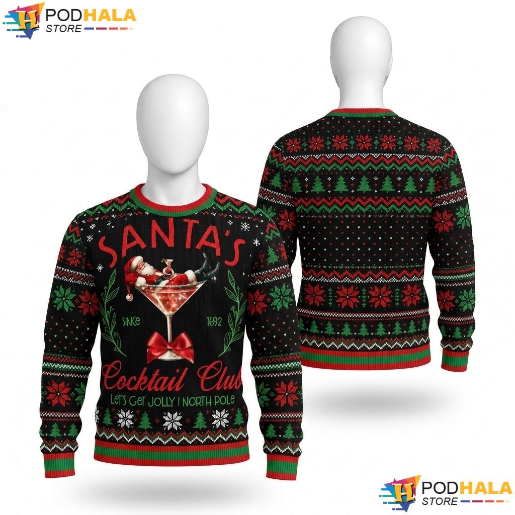 Santa Spirit Cocktail Club Christmas Sweater Funny Drinking Wine Top
