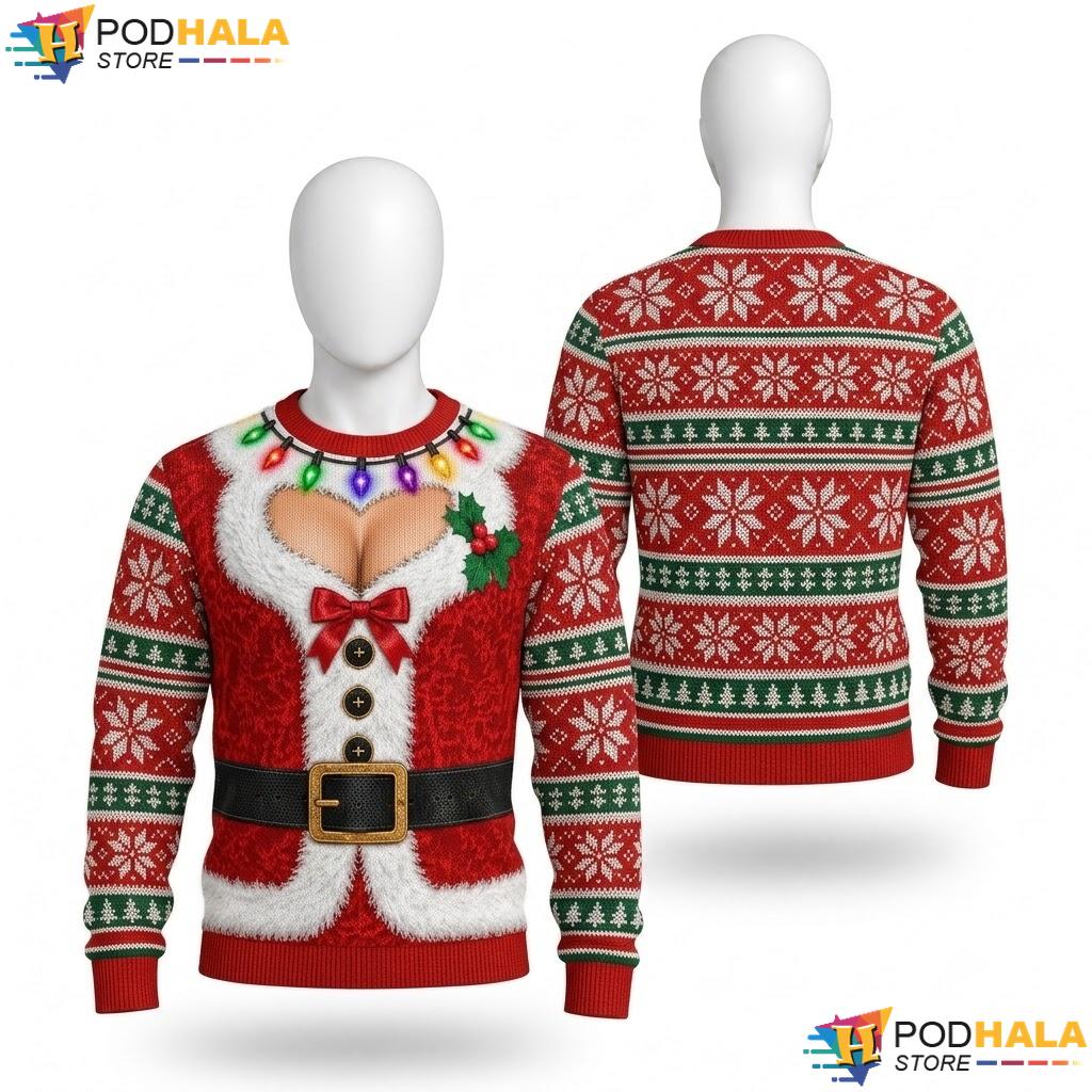 Santa Suit Faux Cleavage Ugly Christmas Sweater Funny Womens Xmas Top