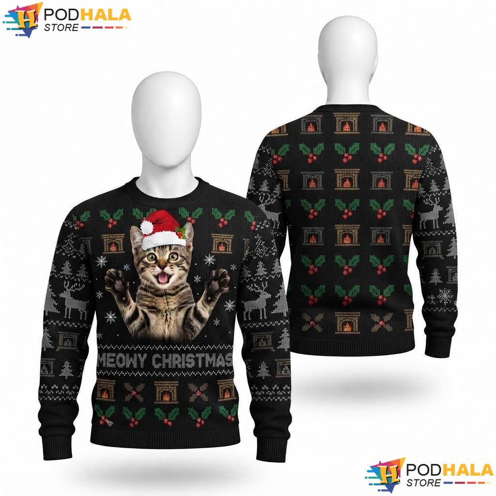 Santa Tabby Cat Ugly Christmas Sweater Funny Meowy Xmas Outfit