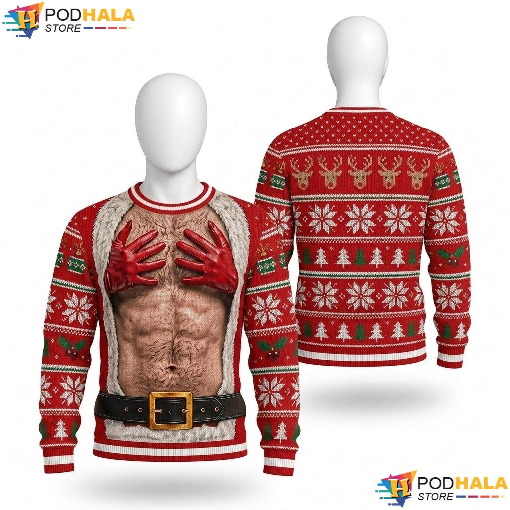 Santa Torso Red Hairy Chest Ugly Xmas Sweater Humorous Christmas Top