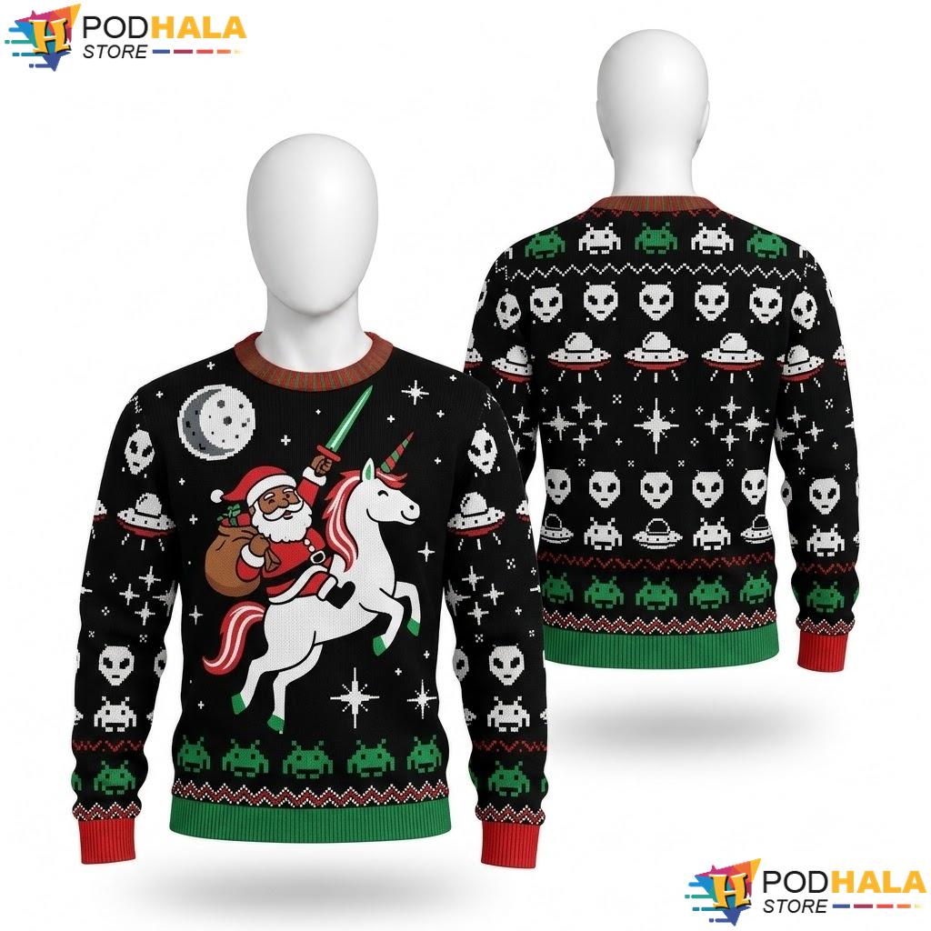 Santa Unicorn Black Ugly Xmas Sweater Funny Vibrant Mens Winter Wear