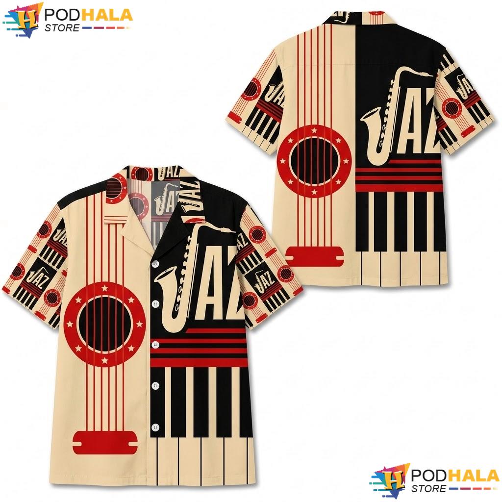 Saxophone Guitar Graphic Hawaiian Shirt Retro Music Lover Casual Top