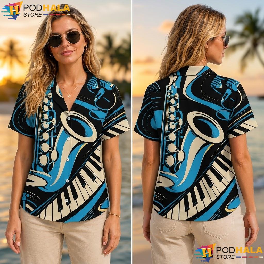 Saxophone Piano Key Aloha Shirt Vibrant Musical Element Lover Top Saxophone Piano Key Aloha Shirt Vibrant Musical Element Lover Top