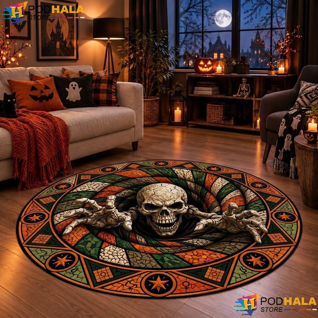 Scary Bottomless Hole Halloween Round Area Rug 3D Skeleton Pumpkin Mat