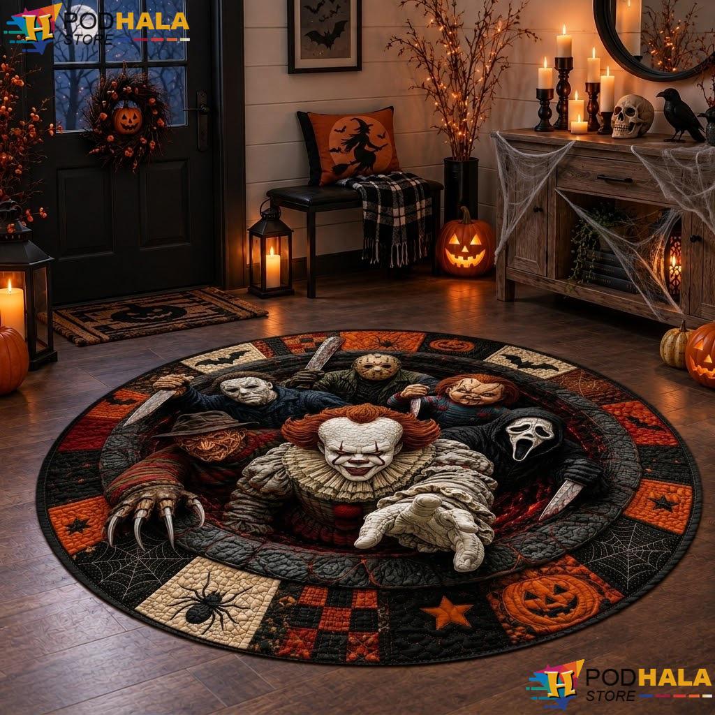 Scary Movie Killer Halloween Round Area Rug 3D Spooky Haunted House Mat
