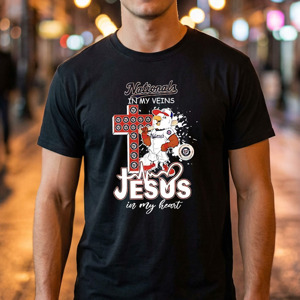 Screech Washington Nationals Shirt Mascot Jesus Heart Fan Graphic Casual Mens