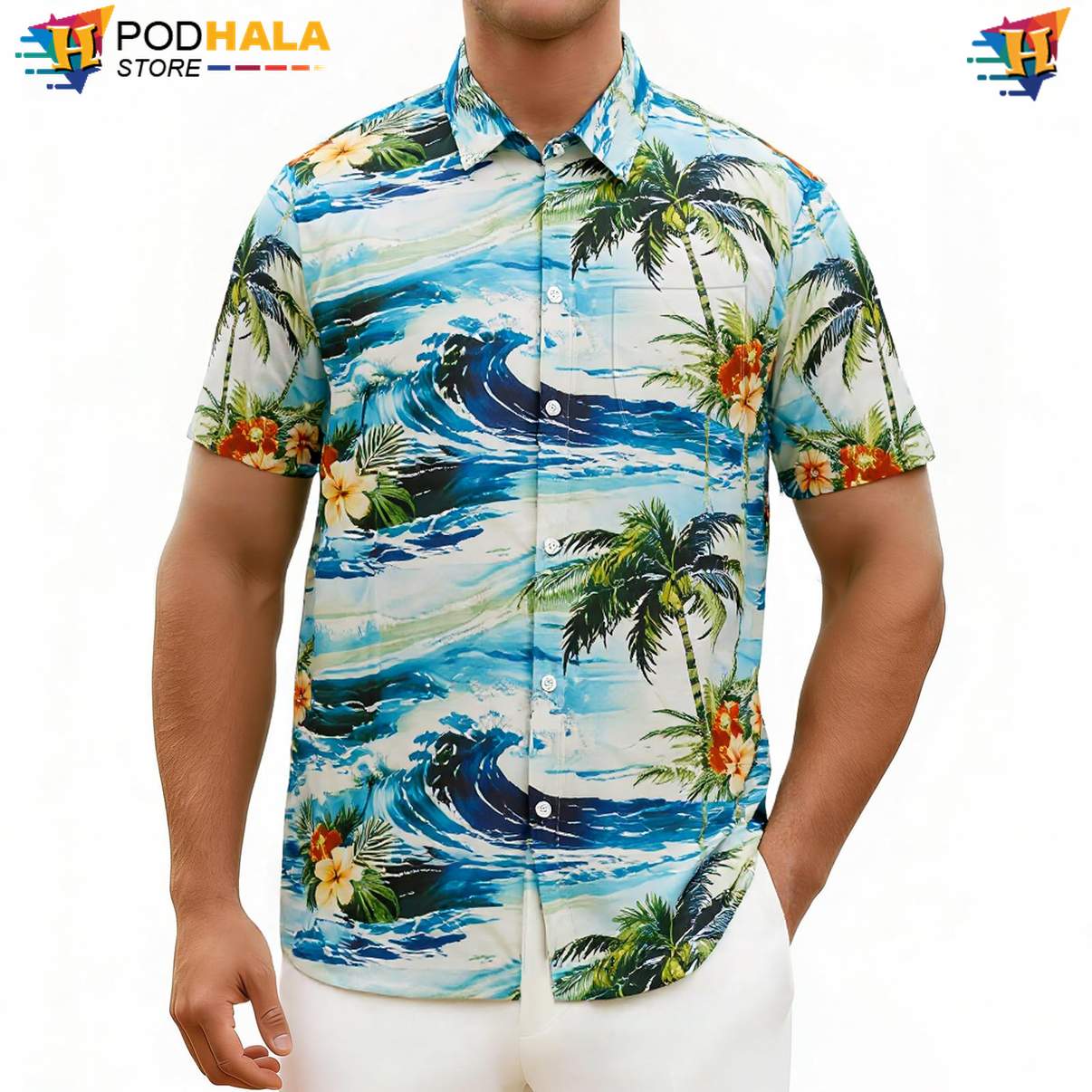 Sea Blue Coconut Tree Hawaiian Shirt Mens Floral Palm Summer Beach Apparel