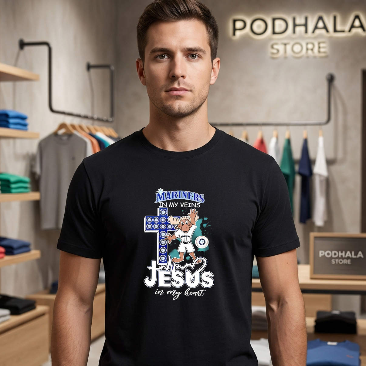 Seattle Mariners Mascot Jesus Heart Shirt In My Veins Baseball Fan Graphic