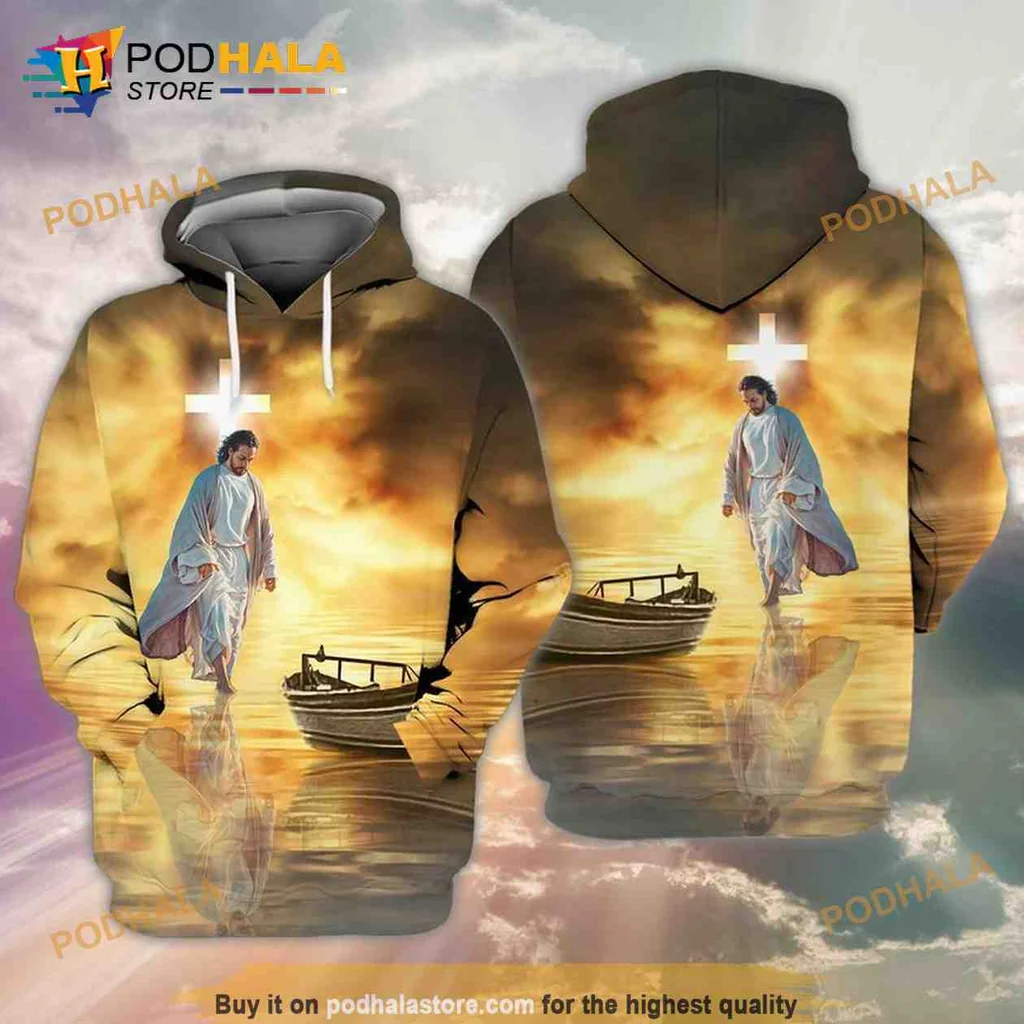Serene Jesus Walking On Water 3d Hoodie With Sunset Landscape Design