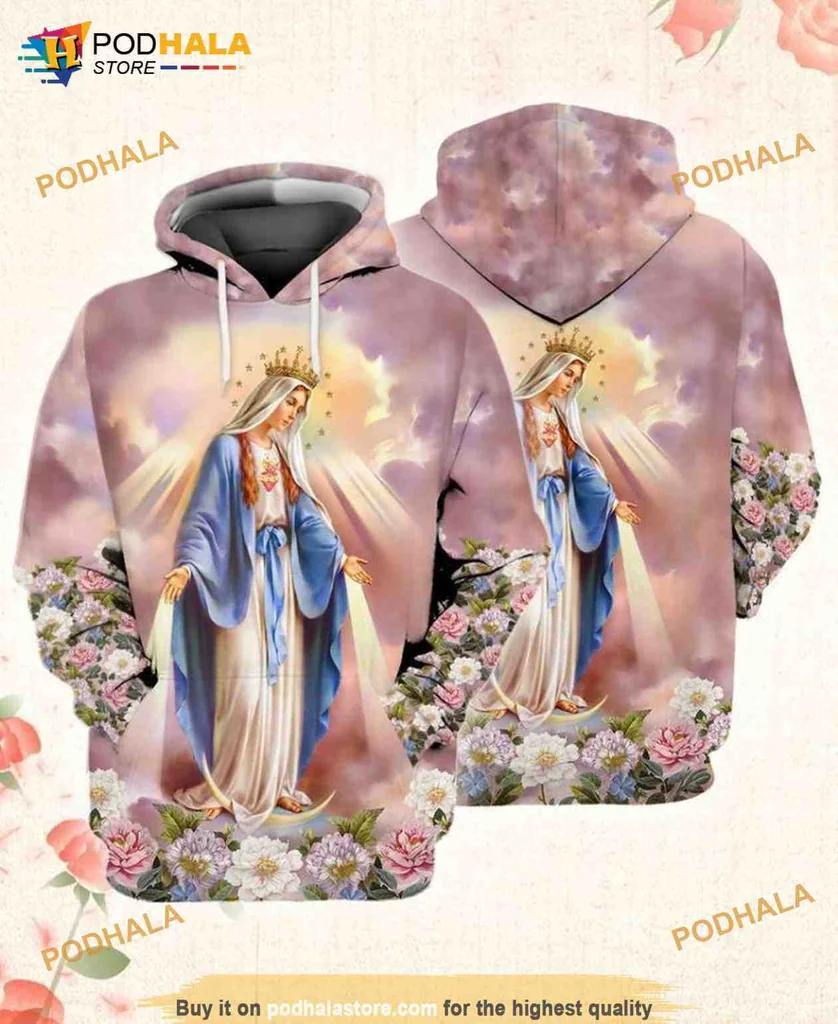 Serene Virgin Mary Floral 3d Hoodie With Pastel Colors And Roses
