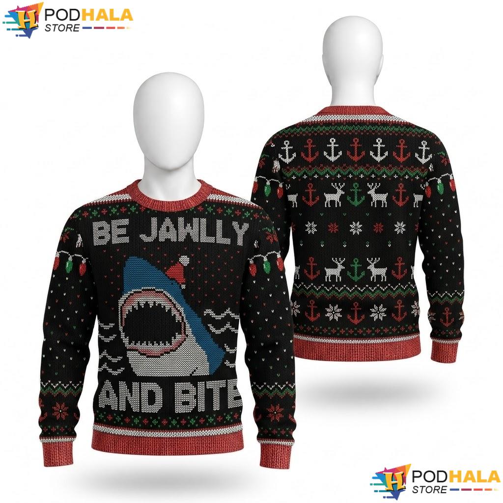 Shark Funny Ugly Christmas Sweater Be Jawlly Bite Santa Holiday