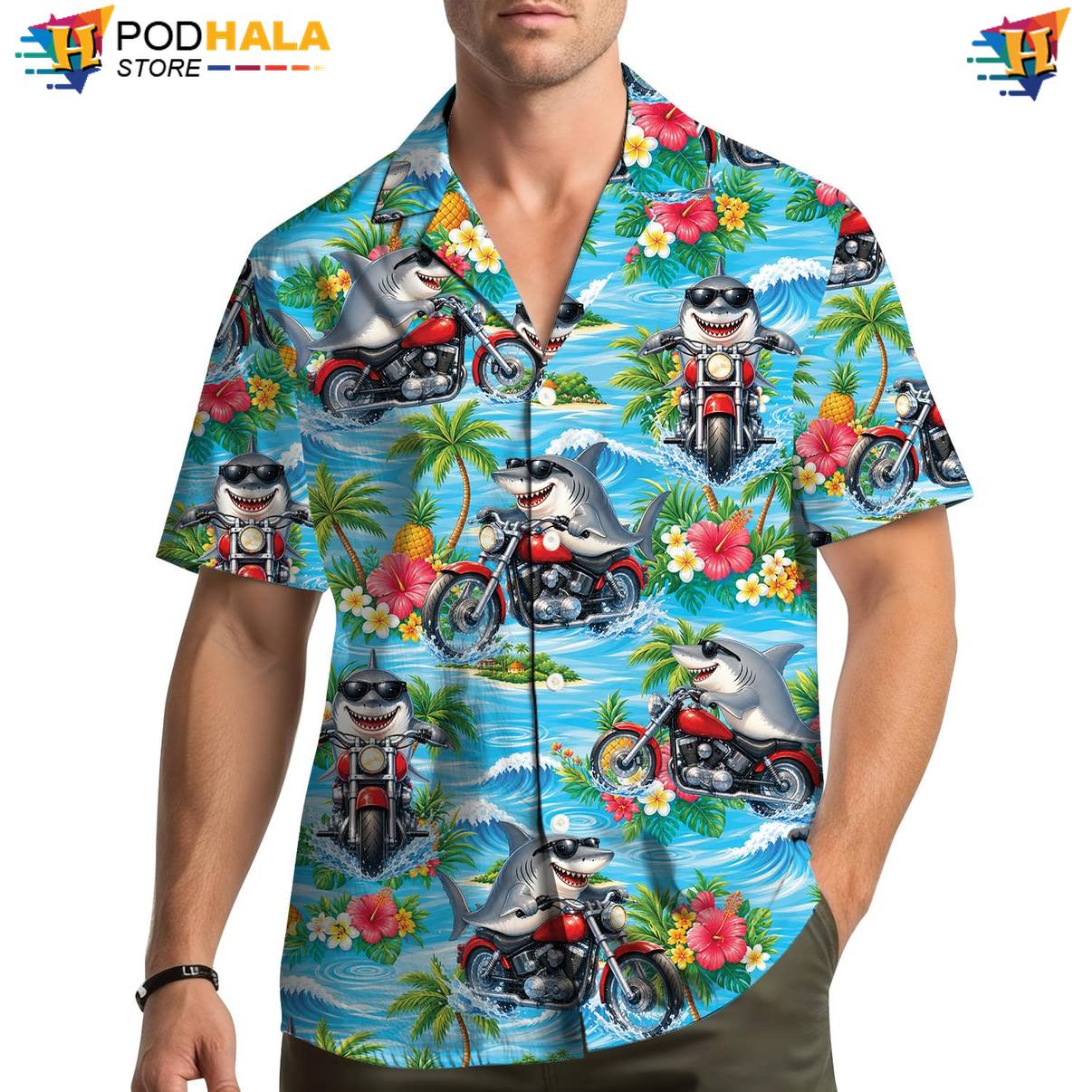 Shark Motorcycle Aloha Shirt Mens Island Vibe Vacation Beach Festival Outfit