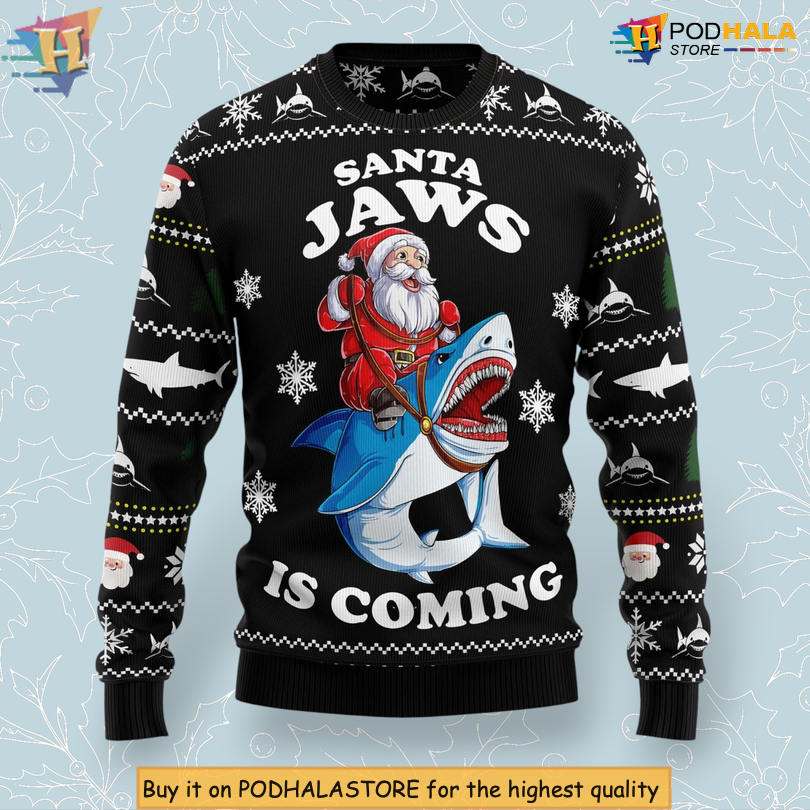 Shark Santa Jaws Parody Ocean Theme Funny Festive Holiday Christmas Sweater