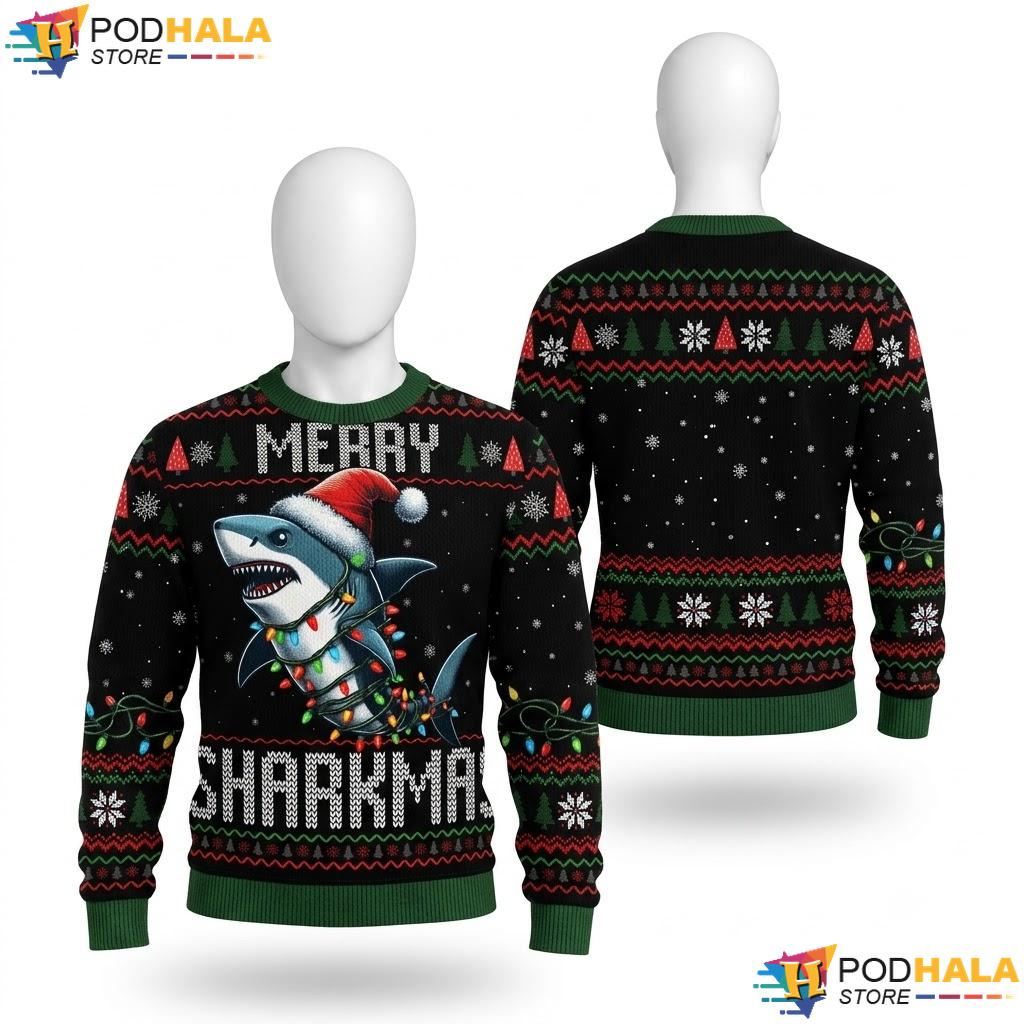 Sharkmas Shark Lights Ugly Christmas Sweater Xmas Snowflakes Top