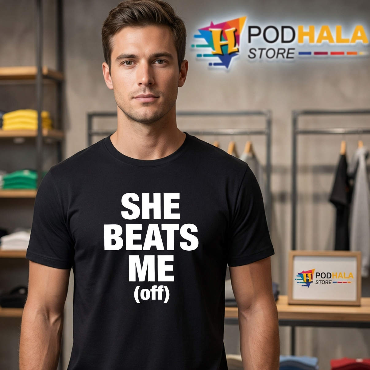 She Beats Me Off Funny Meme Graphic Shirt Humor Casual Novelty Design Mens Fan