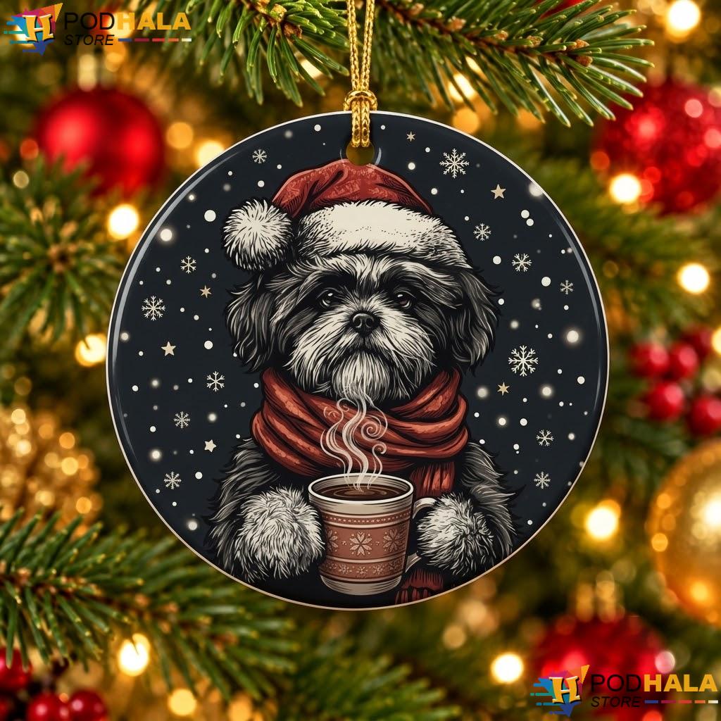 Shih Tzu Santa Hat Christmas Ornament Coffee Lover Winter Holiday Decor