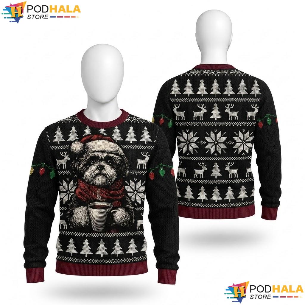 Shih Tzu Santa Hat Christmas Sweater Coffee Lover Funny Winter Top