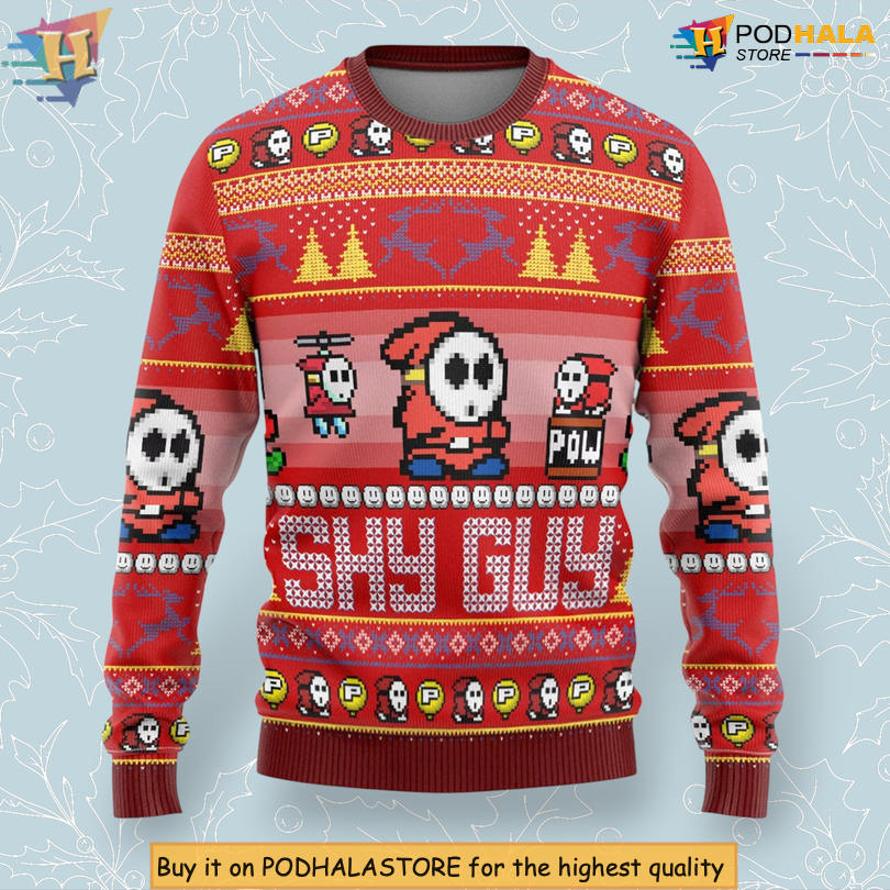 Shy Guy Mario Character Cute Gamer Festive 3D Holiday Christmas Sweater