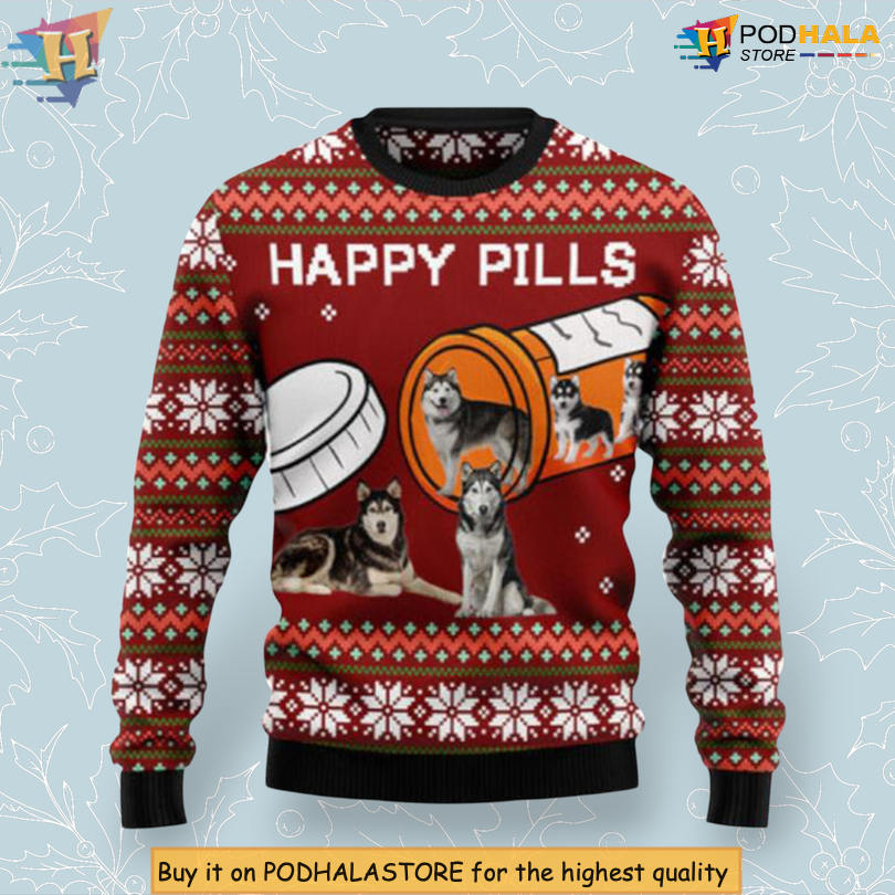 Siberian Husky Happy Pills Dog Lover Funny Quote Festive Holiday Christmas Sweater