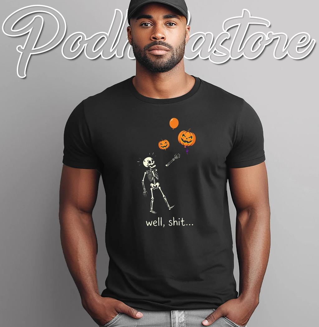 Skeleton Balloon Pumpkin Gothic Halloween T-Shirt Well Shit Mens Top