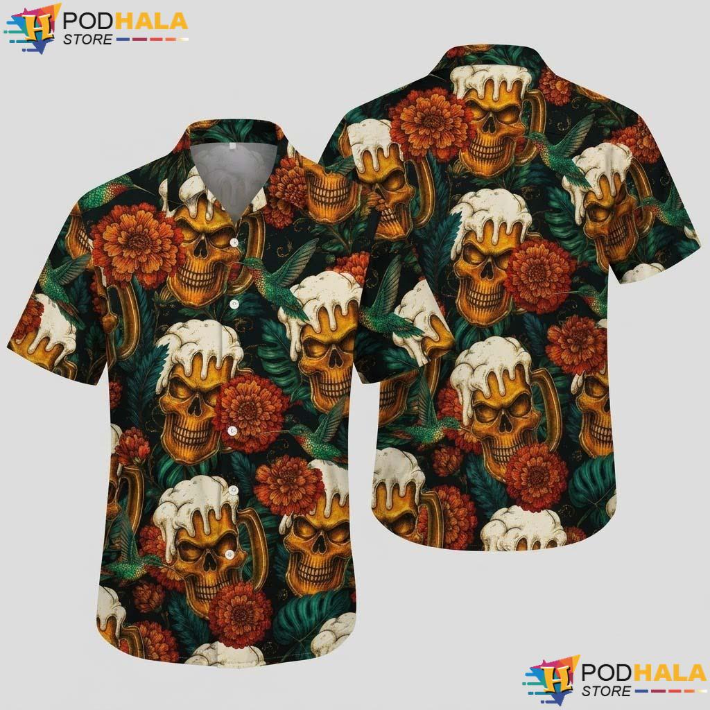 Skeleton Beer Halloween Hawaiian Shirt Tropical Vacation Button Up