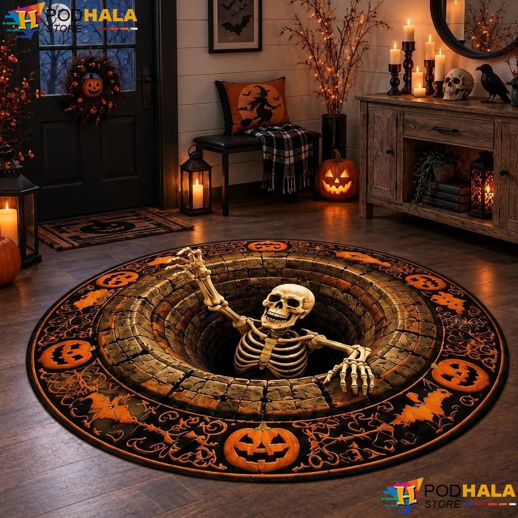 Skeleton Bottomless Hole Halloween Round Area Rug 3D Spooky Pumpkin Mat