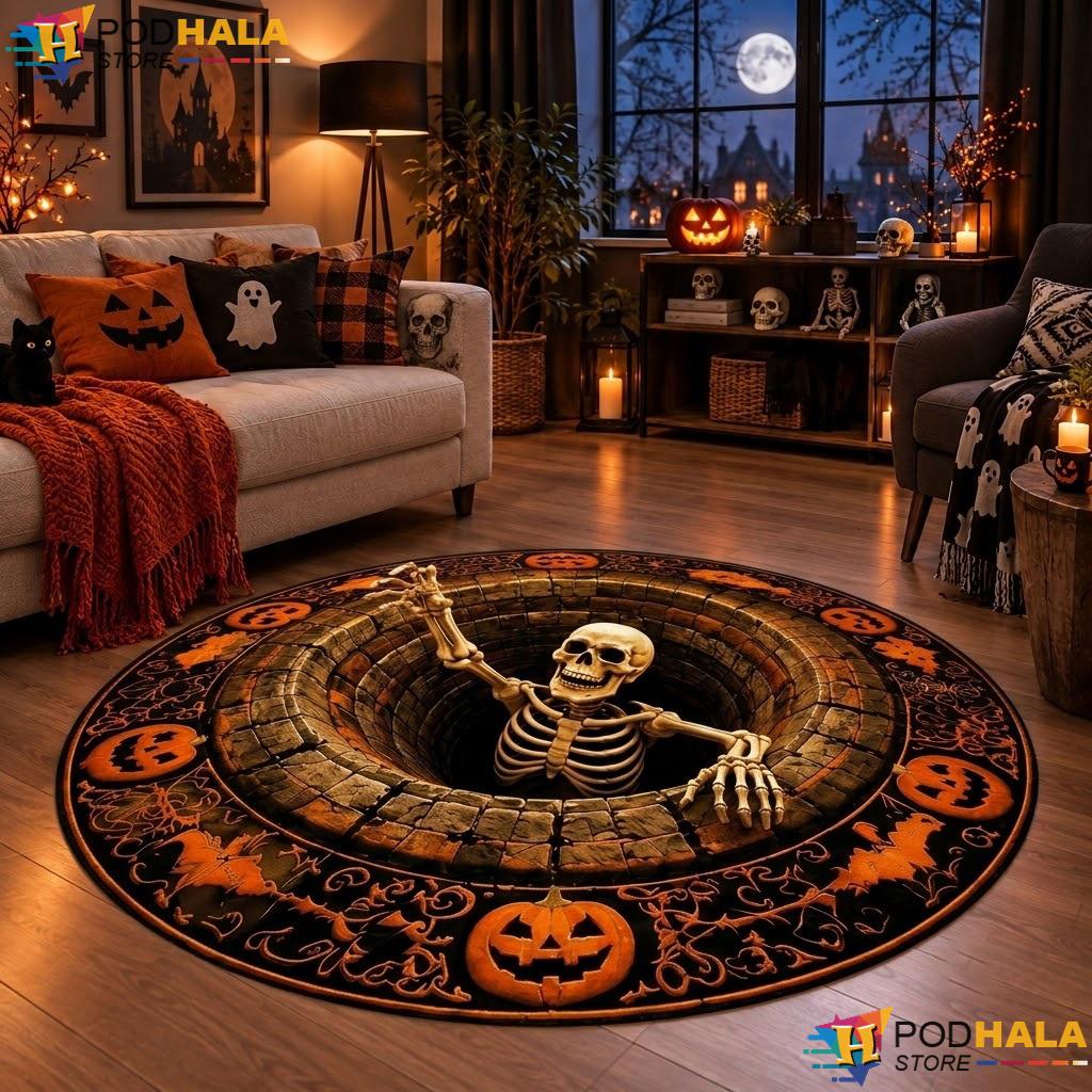 Skeleton Bottomless Hole Halloween Round Area Rug 3D Spooky Pumpkin Mat - View 1 Skeleton Bottomless Hole Halloween Round Area Rug 3D Spooky Pumpkin Mat - View 1