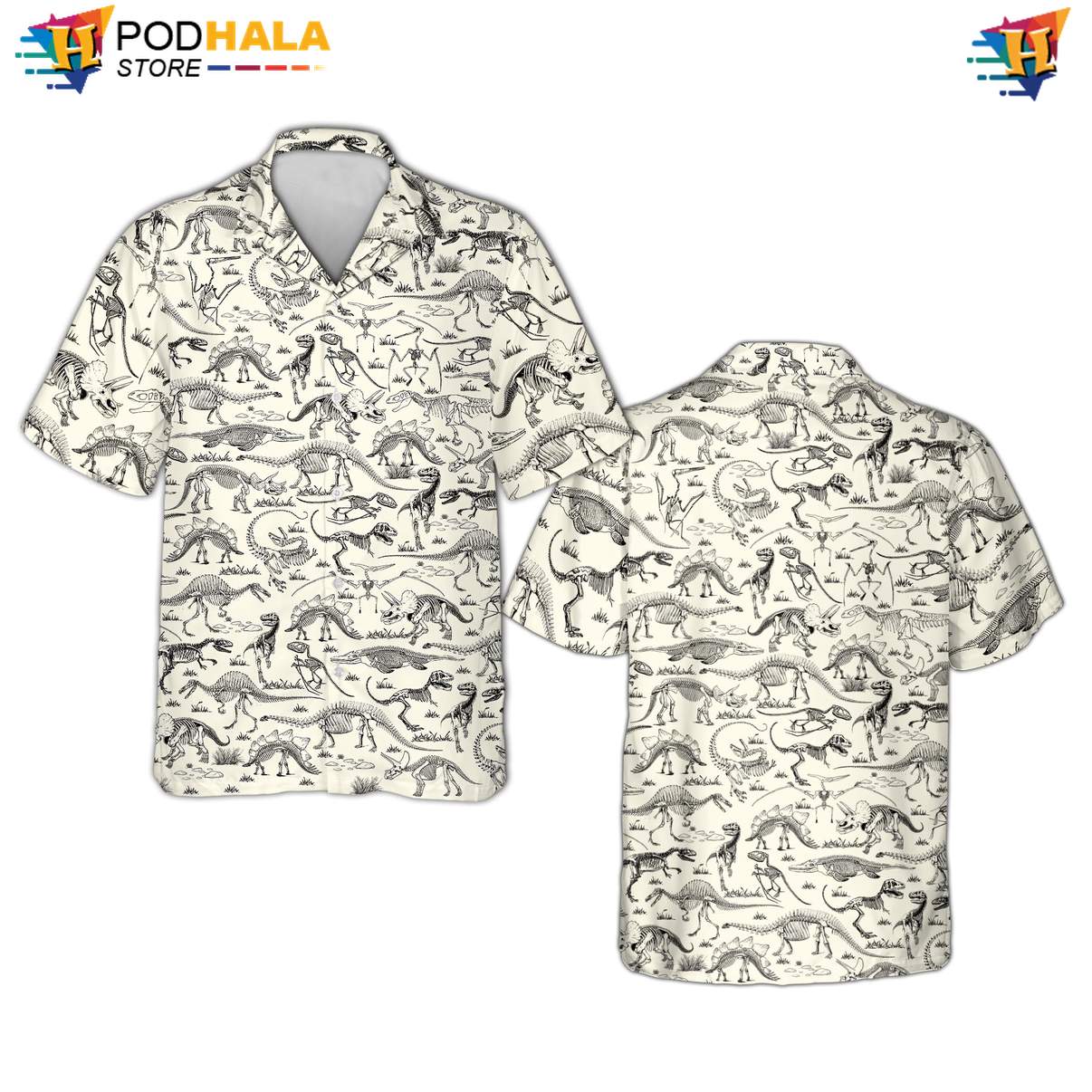 Skeleton Dinosaur Aloha Shirt Mens Tropical Beach Button Down Resort Outfit